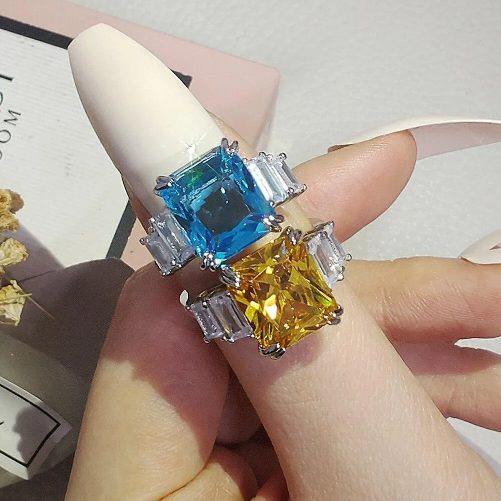 Gorgeous New Arrival Luxury Blue Yellow Color Rectangle AAA  CZ Diamonds Fashion Rings