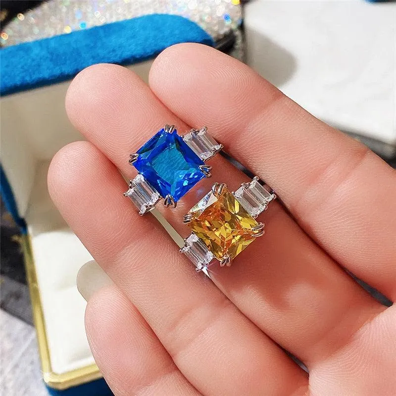 Gorgeous New Arrival Luxury Blue Yellow Color Rectangle AAA  CZ Diamonds Fashion Rings