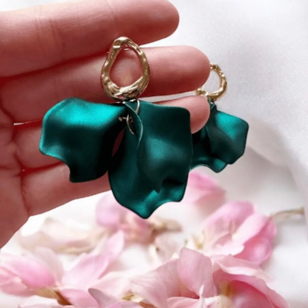 Green - Emerald green iridescent flower earrings | leaf and petals drop statement earrings | unique gold geometric floral earrings