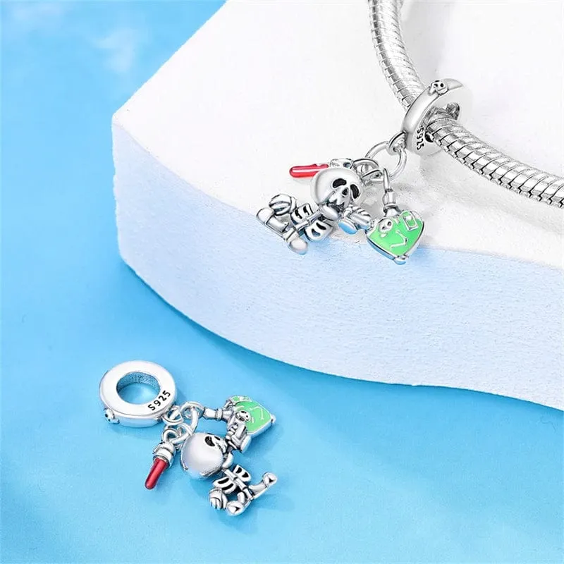 Halloween Skeleton wih Green Heart Triple Dangle Charm