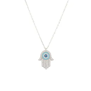 Hamsa Hand Evil Eye Pendant Necklace in Turquoise Silver