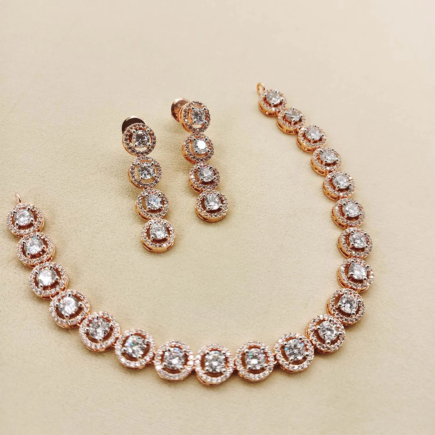Jasmin Diamond Neck Line Rose Plated Necklace Set
