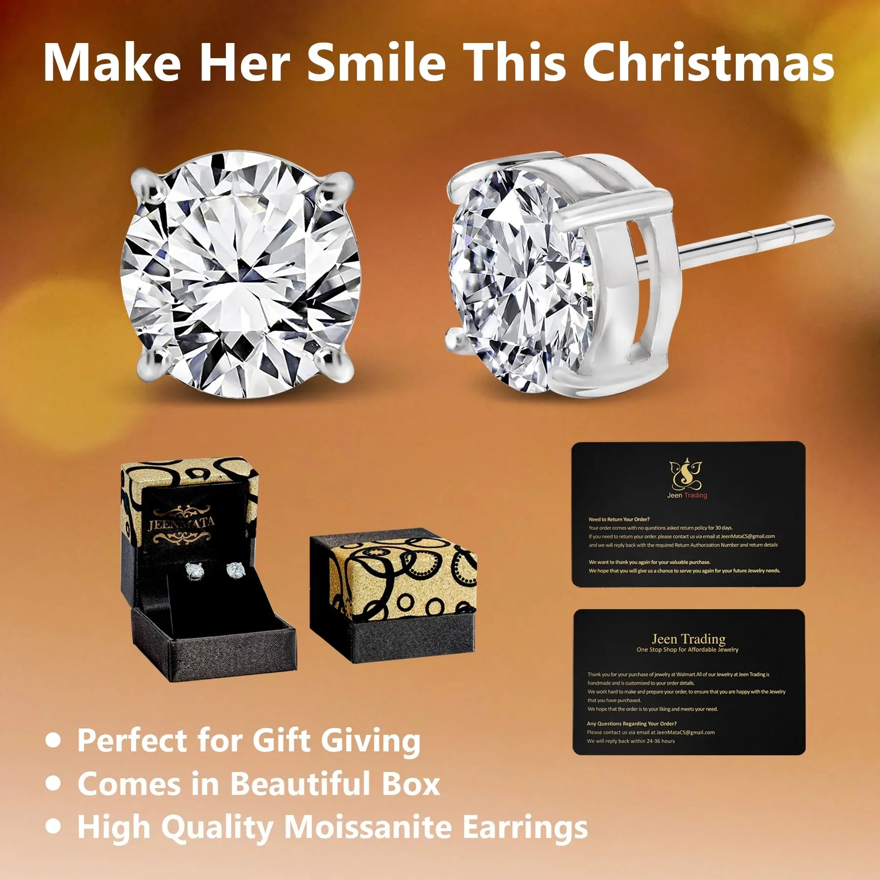JeenMata 4 Prong 0.5 Carat Round Shaped Moissanite Solitaire Stud Earrings In 18K White Gold Plating Over Silver