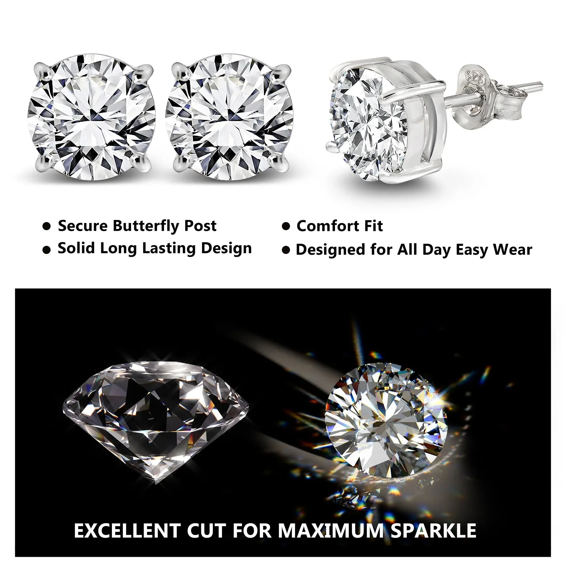 JeenMata 4 Prong 0.5 Carat Round Shaped Moissanite Solitaire Stud Earrings In 18K White Gold Plating Over Silver