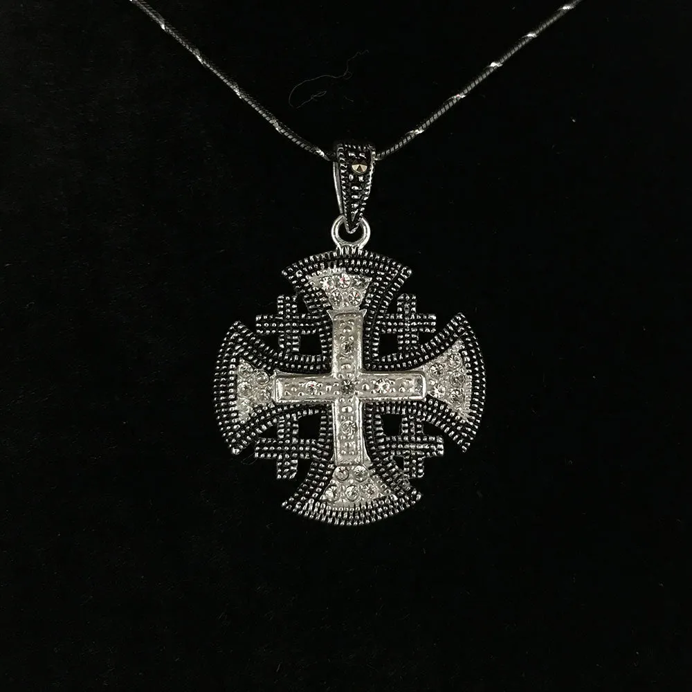 Jerusalem Cross Necklace with White Gemstones Multi Layers (S) Sterling Silver Alisee Pattee