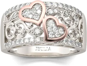 Jeulia 1Carat Rose Gold Plated Wedding Band Thick Round Cut Eternity Band Rings Halo CZ Heart Engagement Promise Rings Anniversary Birthday Festival Romantic Gift with Jewelry Gift Box