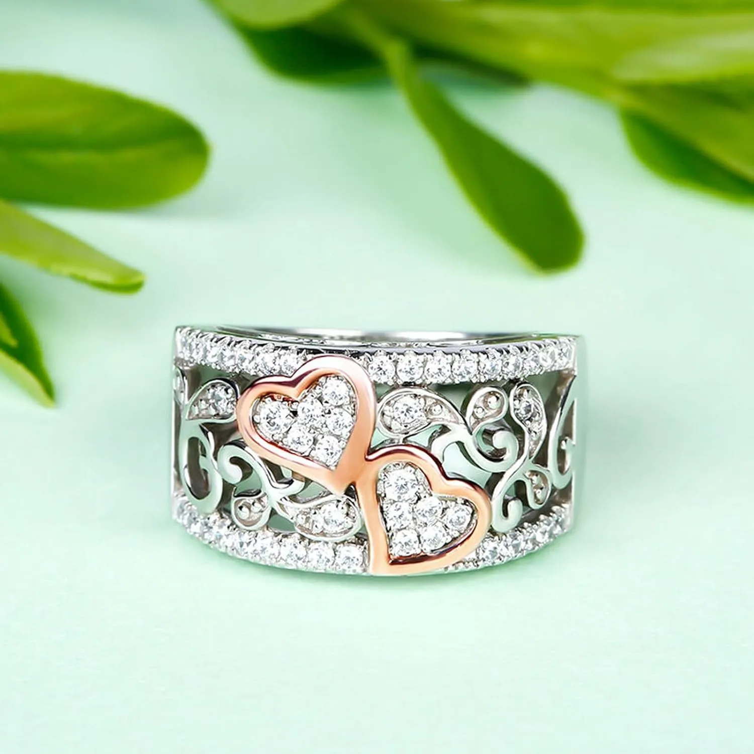 Jeulia 1Carat Rose Gold Plated Wedding Band Thick Round Cut Eternity Band Rings Halo CZ Heart Engagement Promise Rings Anniversary Birthday Festival Romantic Gift with Jewelry Gift Box
