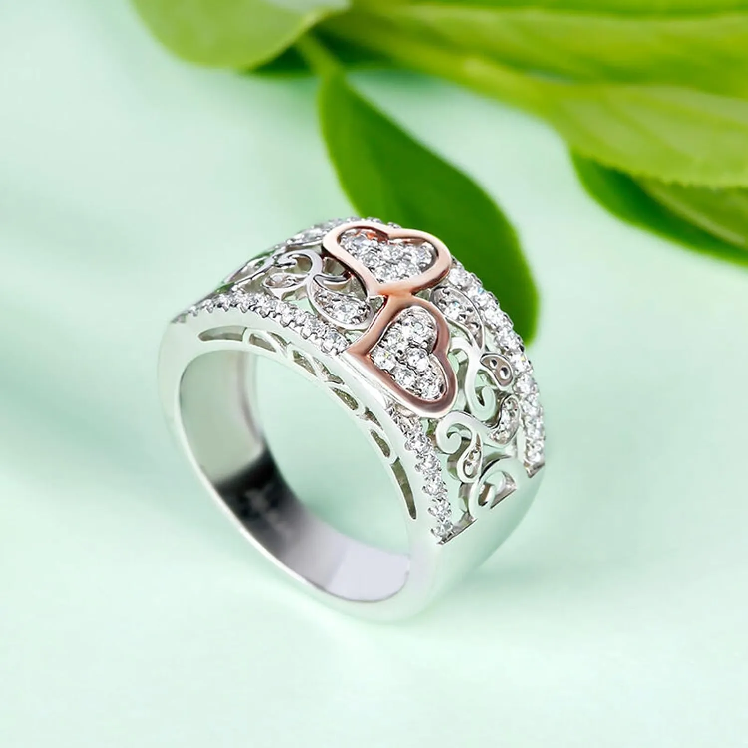 Jeulia 1Carat Rose Gold Plated Wedding Band Thick Round Cut Eternity Band Rings Halo CZ Heart Engagement Promise Rings Anniversary Birthday Festival Romantic Gift with Jewelry Gift Box