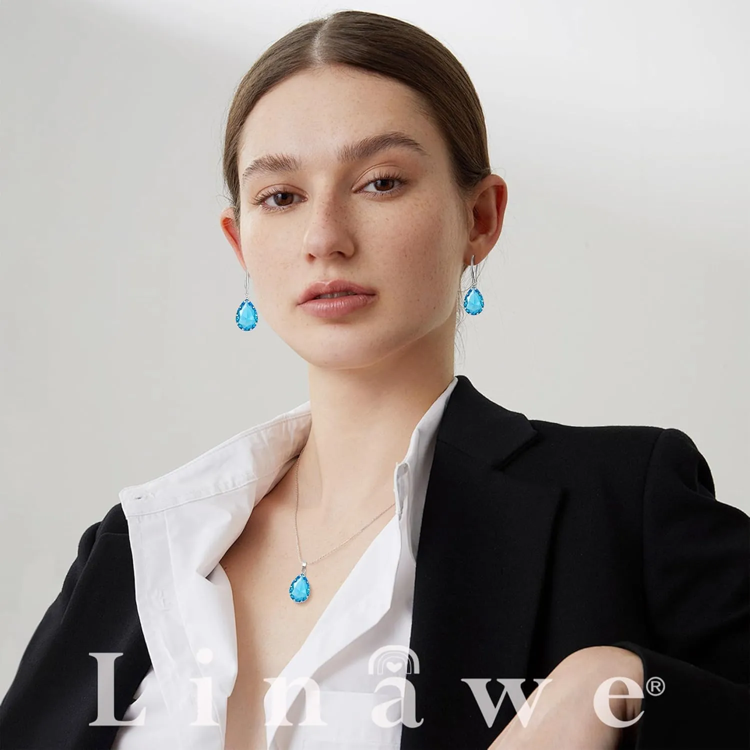 Linawe Crystal Jewelry Sets for Women, Imitation Diamond Pendant Necklace, Rhinestone Drop Dangle Earrings, Birthstone Cubic Zirconia Matching Wedding Jewelry, 14K Gold/Rose Gold/Silver Tones