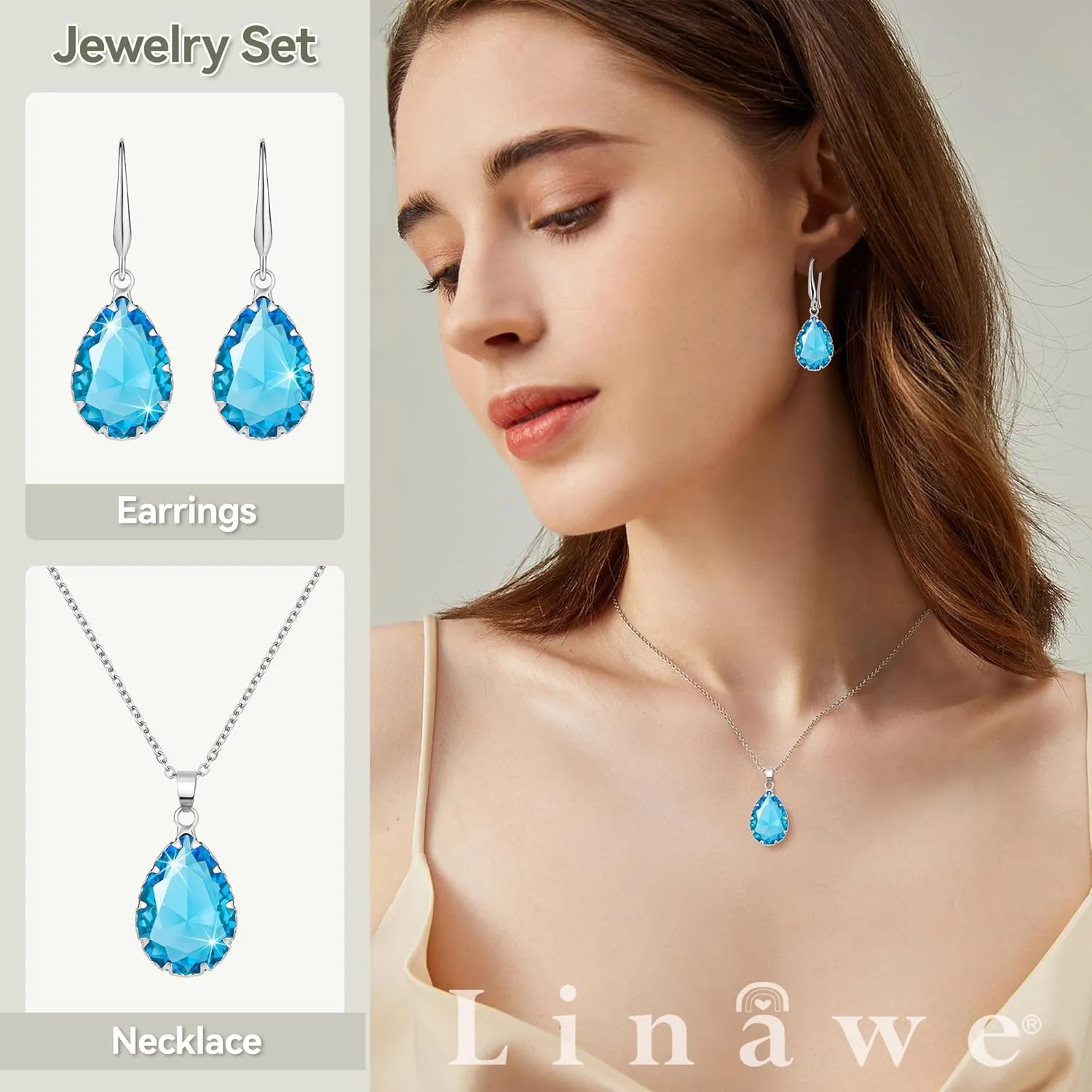 Linawe Crystal Jewelry Sets for Women, Imitation Diamond Pendant Necklace, Rhinestone Drop Dangle Earrings, Birthstone Cubic Zirconia Matching Wedding Jewelry, 14K Gold/Rose Gold/Silver Tones