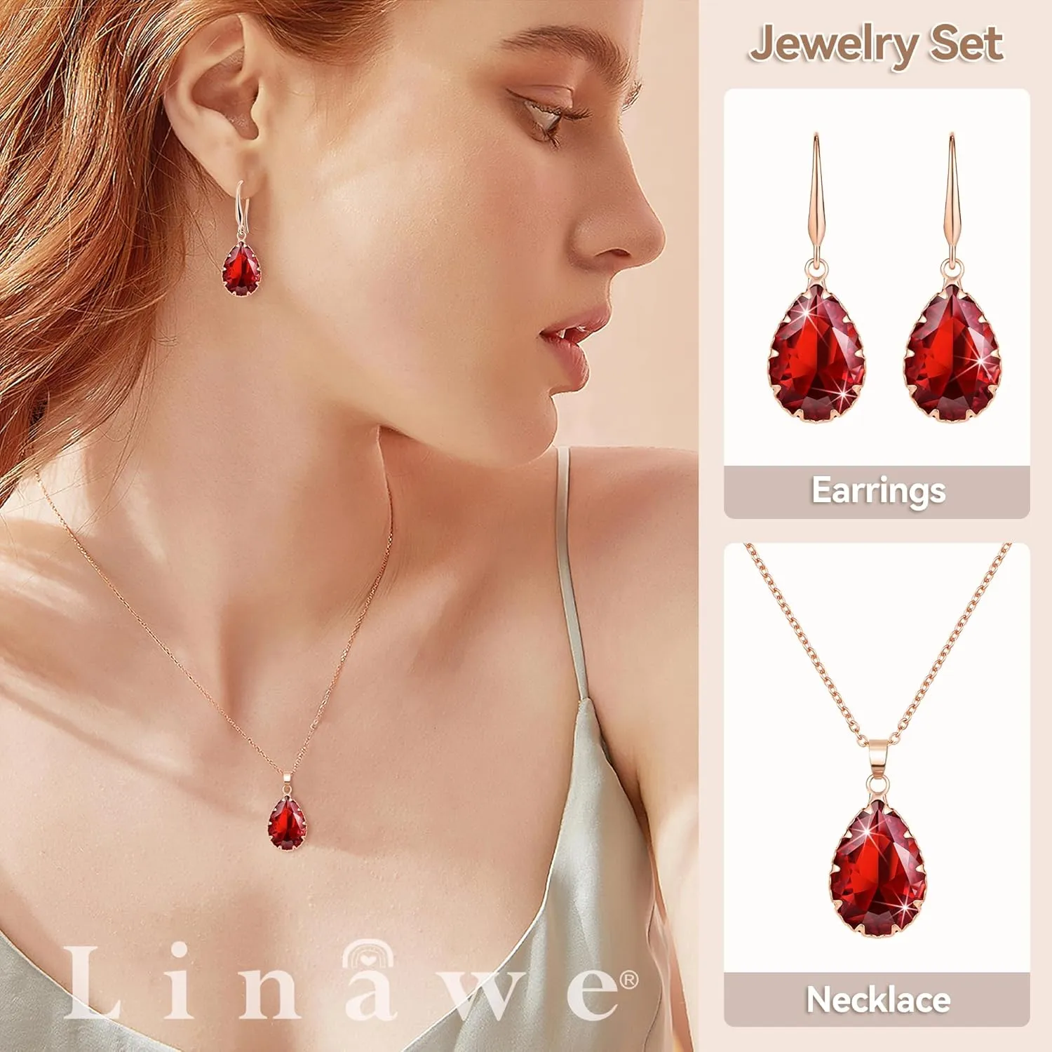 Linawe Crystal Jewelry Sets for Women, Imitation Diamond Pendant Necklace, Rhinestone Drop Dangle Earrings, Birthstone Cubic Zirconia Matching Wedding Jewelry, 14K Gold/Rose Gold/Silver Tones