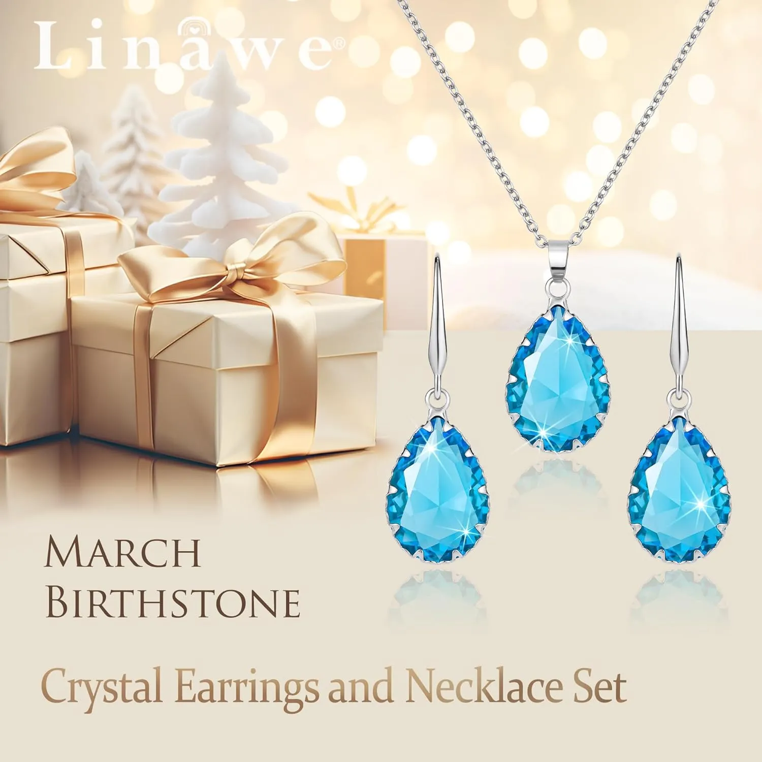 Linawe Crystal Jewelry Sets for Women, Imitation Diamond Pendant Necklace, Rhinestone Drop Dangle Earrings, Birthstone Cubic Zirconia Matching Wedding Jewelry, 14K Gold/Rose Gold/Silver Tones