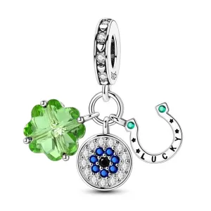 Lucky Clover, Evil Eye & Horseshoe Triple Dangle Charm