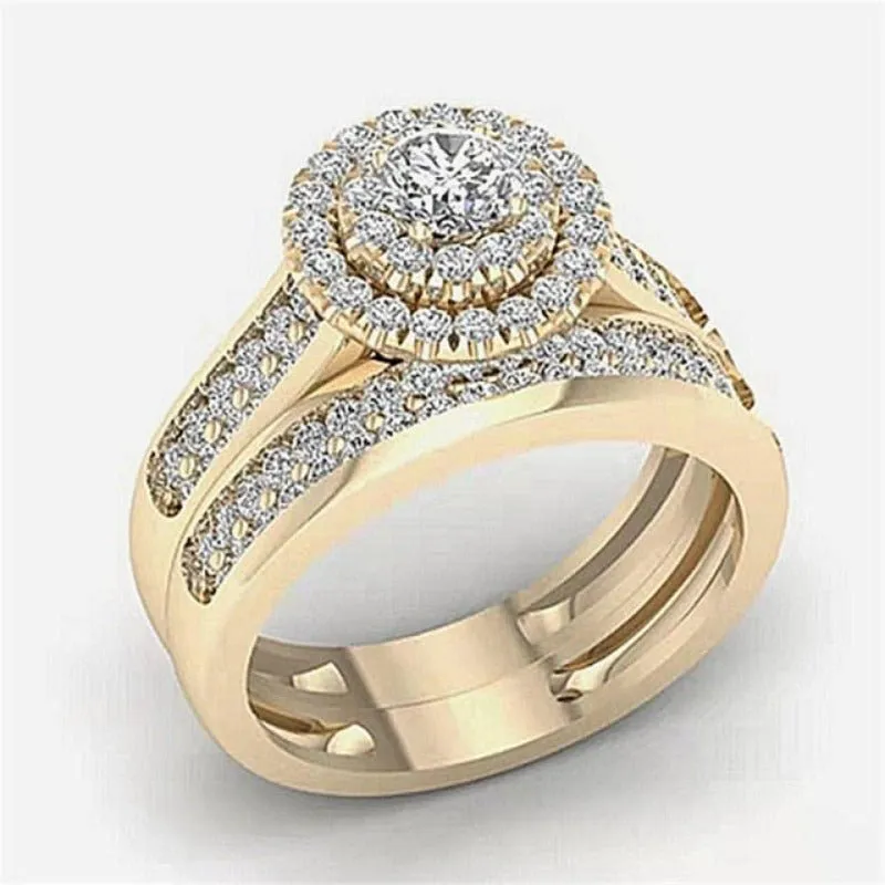 Luxury 14K Engagement Ring Set Zircon Yellow Gold for Women Jewelry