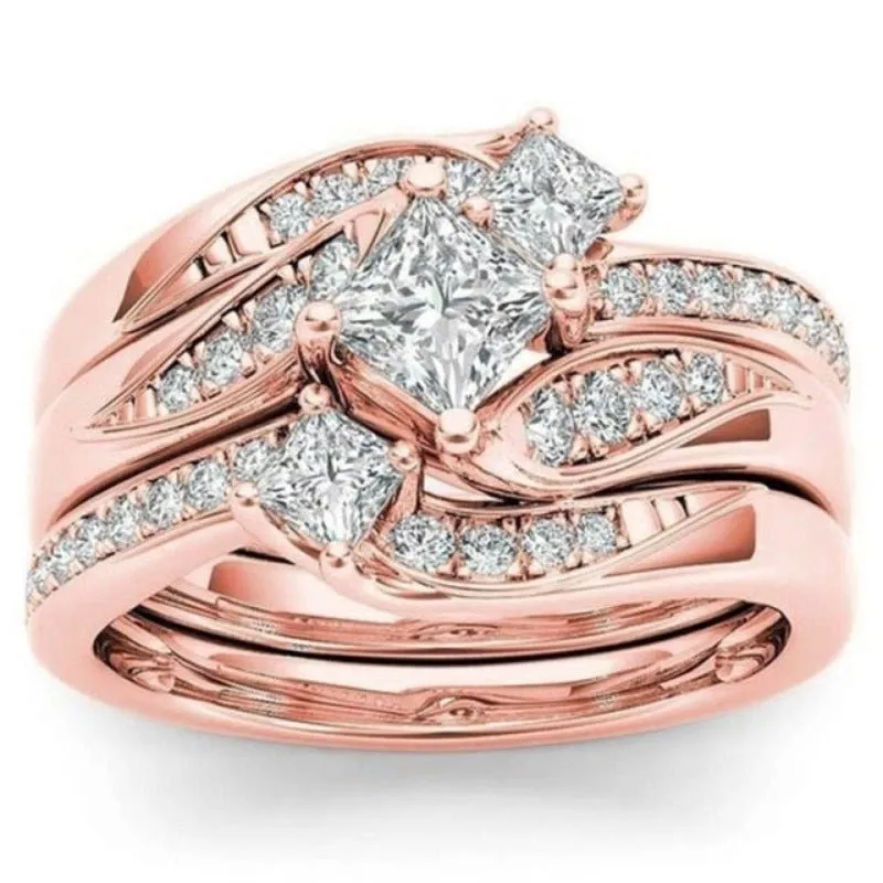 Luxury 14K Engagement Ring Set Zircon Yellow Gold for Women Jewelry