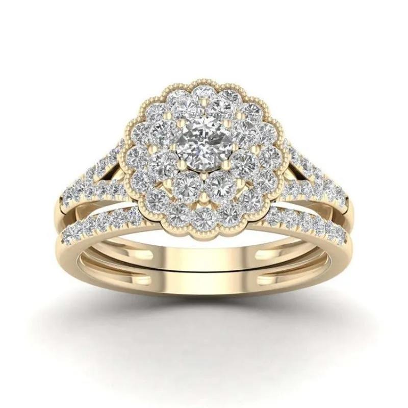 Luxury 14K Engagement Ring Set Zircon Yellow Gold for Women Jewelry