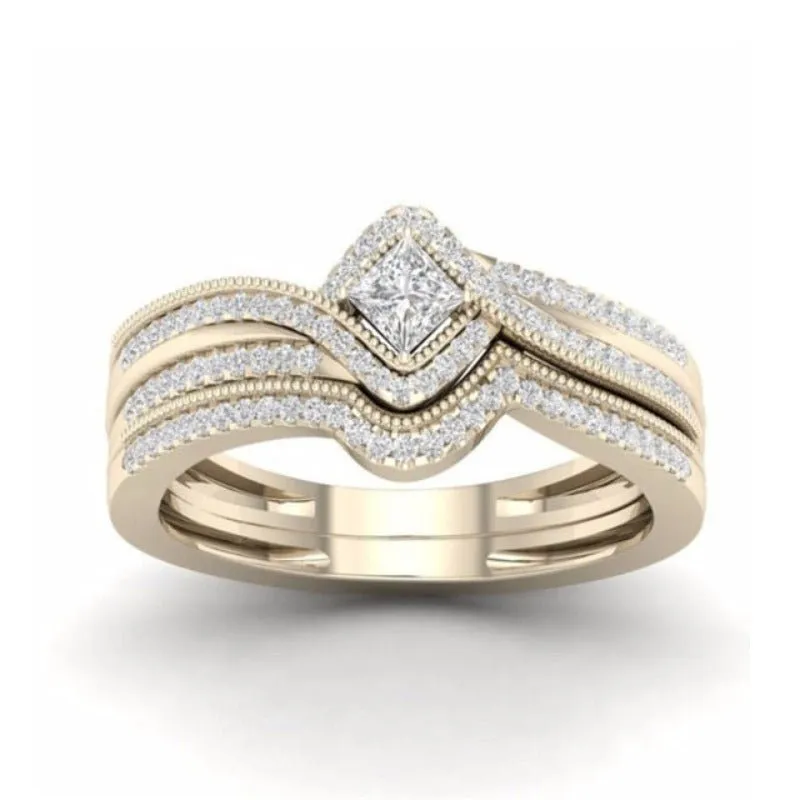 Luxury 14K Engagement Ring Set Zircon Yellow Gold for Women Jewelry