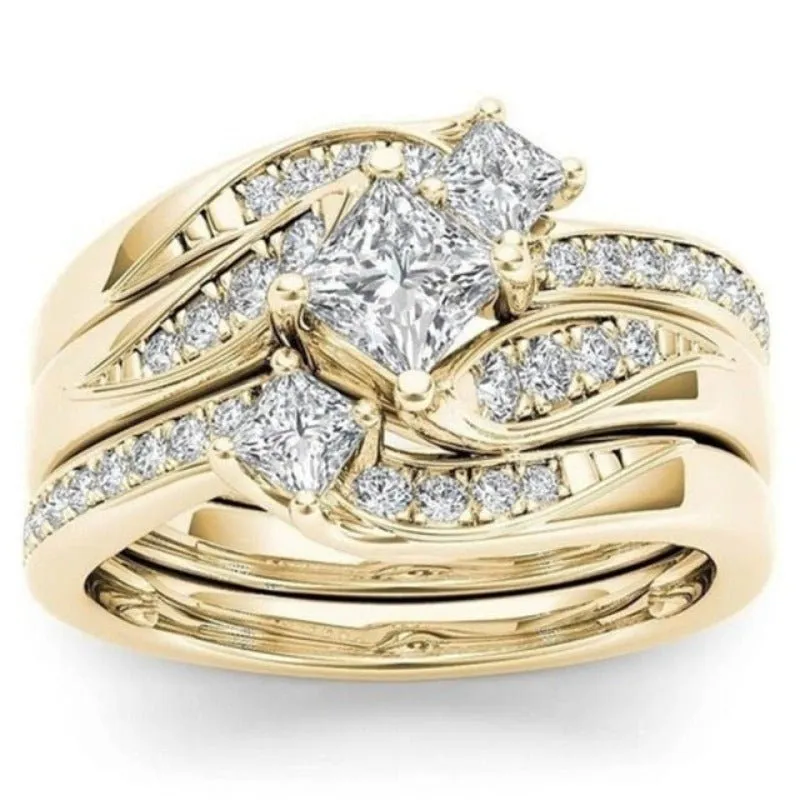 Luxury 14K Engagement Ring Set Zircon Yellow Gold for Women Jewelry