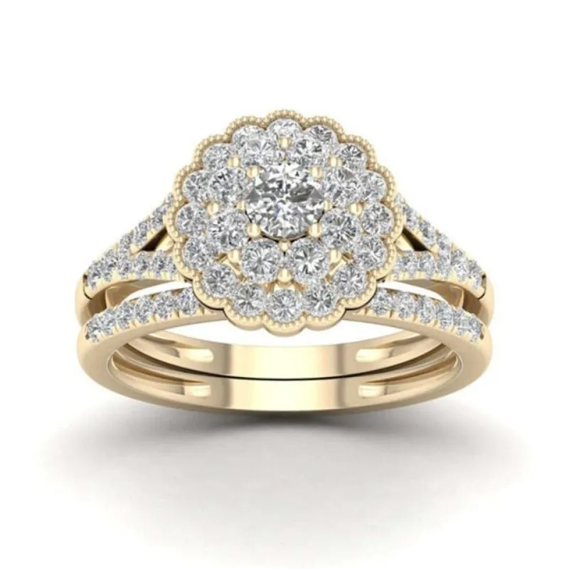 Luxury 14K Engagement Ring Set Zircon Yellow Gold for Women Jewelry