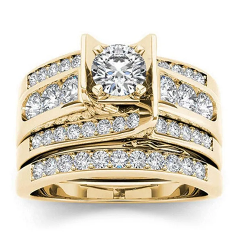 Luxury 14K Engagement Ring Set Zircon Yellow Gold for Women Jewelry