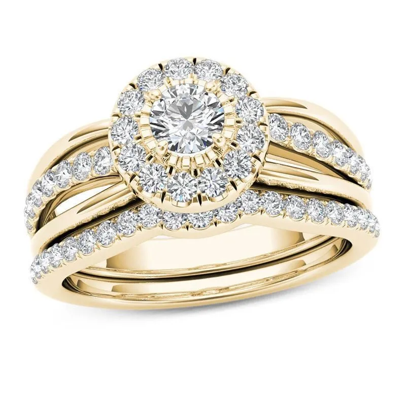 Luxury 14K Engagement Ring Set Zircon Yellow Gold for Women Jewelry