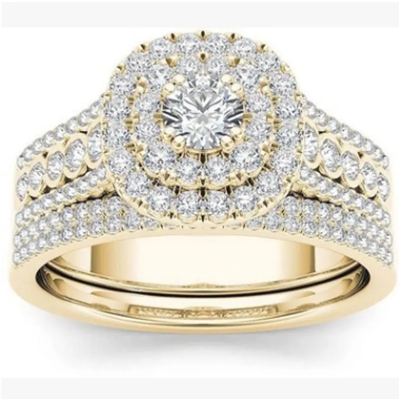 Luxury 14K Engagement Ring Set Zircon Yellow Gold for Women Jewelry