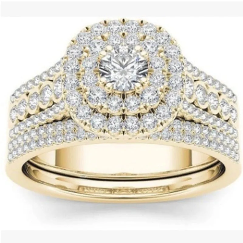 Luxury 14K Engagement Ring Set Zircon Yellow Gold for Women Jewelry