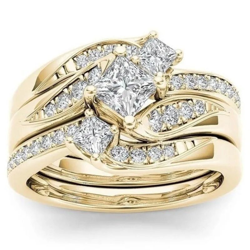 Luxury 14K Engagement Ring Set Zircon Yellow Gold for Women Jewelry