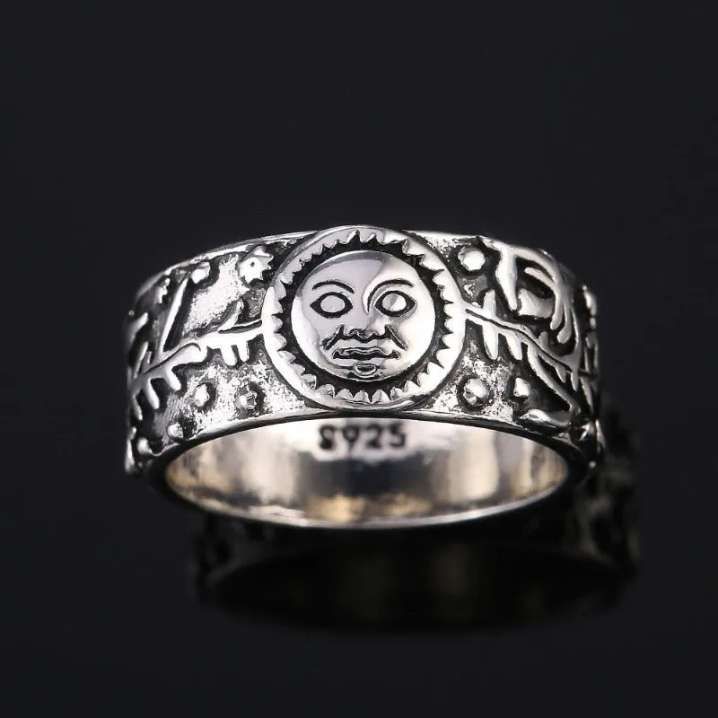 Luxury Moon Star Ring Retro Silver Leaves Pattern Women Jewelry