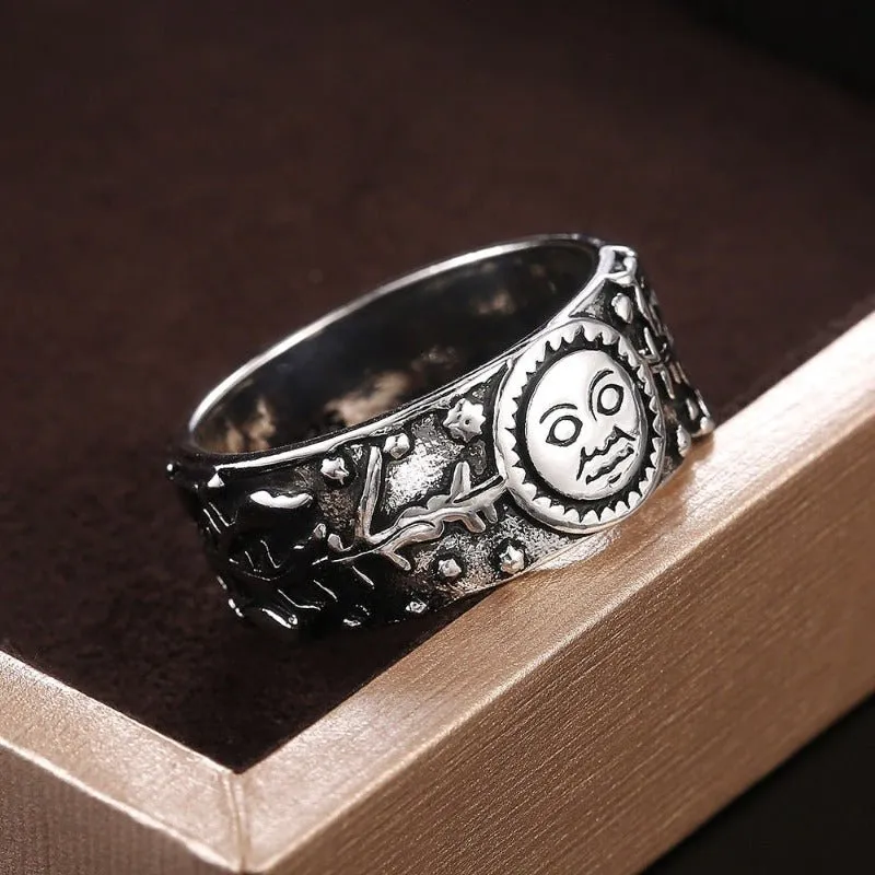 Luxury Moon Star Ring Retro Silver Leaves Pattern Women Jewelry