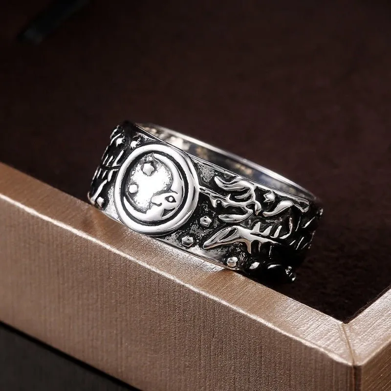 Luxury Moon Star Ring Retro Silver Leaves Pattern Women Jewelry