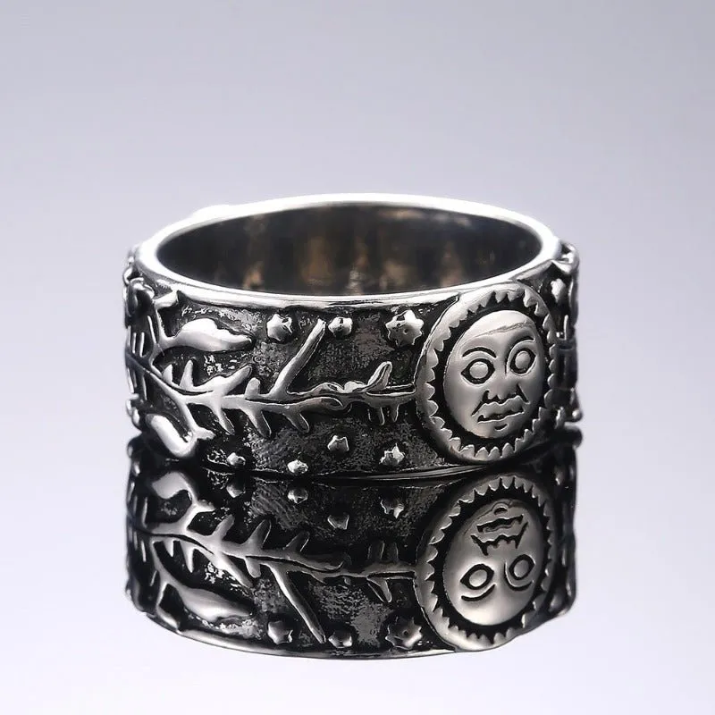 Luxury Moon Star Ring Retro Silver Leaves Pattern Women Jewelry
