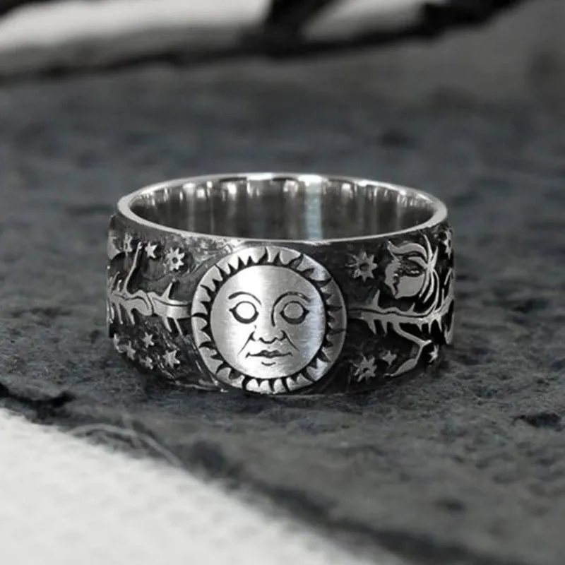 Luxury Moon Star Ring Retro Silver Leaves Pattern Women Jewelry