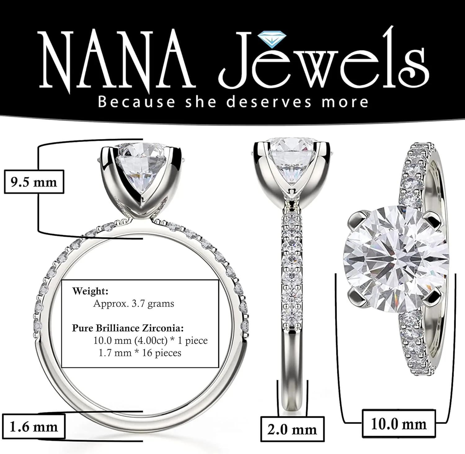 NANA Jewels 1.00ct to 4.00ct Simulated Diamond Engagement Ring Round Solitaire Sterling Silver 10k-14k