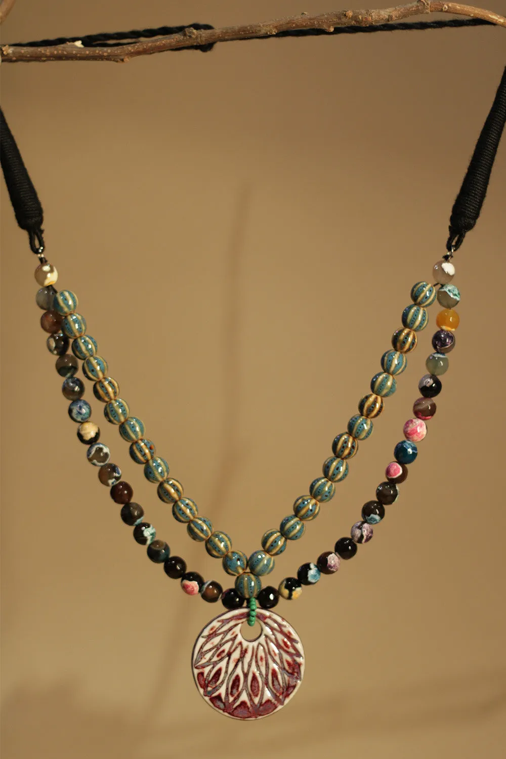 Necklace | Multicolour agates with Green & Yellow Ceramic & Agate beads