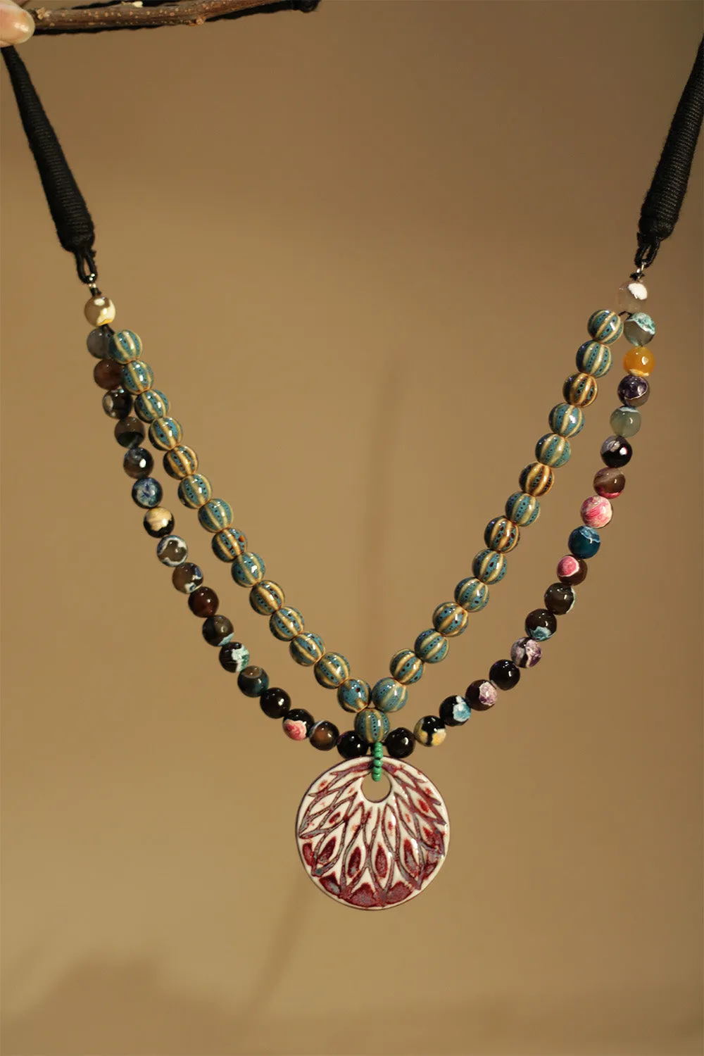 Necklace | Multicolour agates with Green & Yellow Ceramic & Agate beads