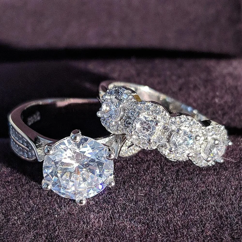 New Arrival Luxury Halo Silver Wedding Ring Set