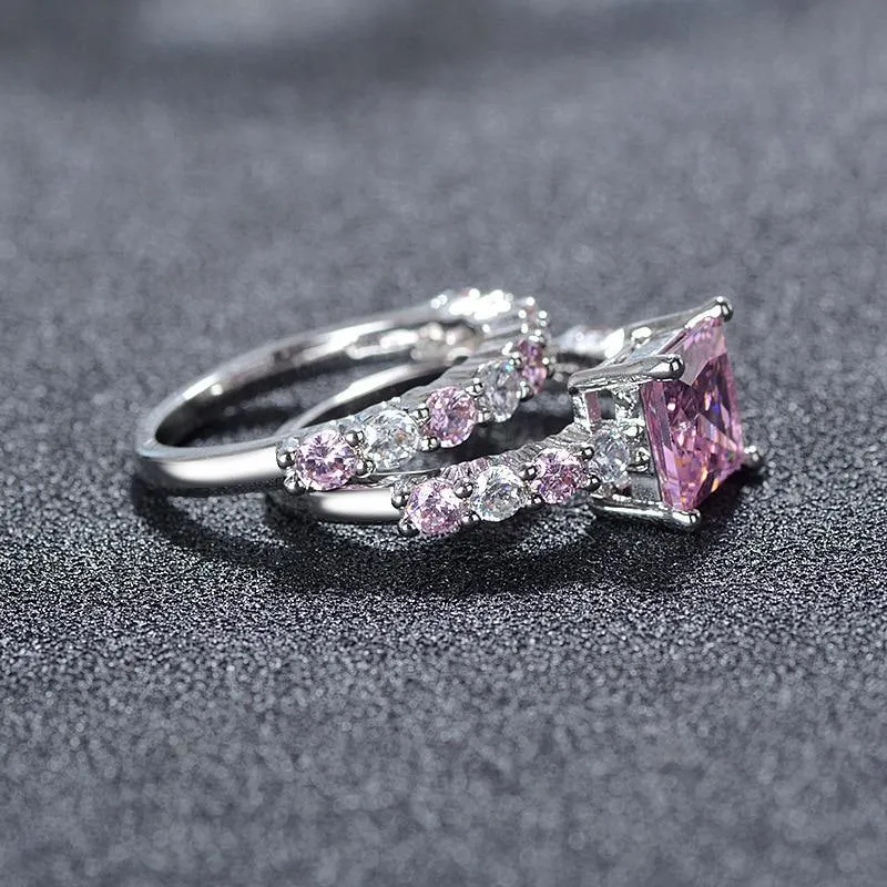 New Luxury Pink Princess Cut Silver Ring set