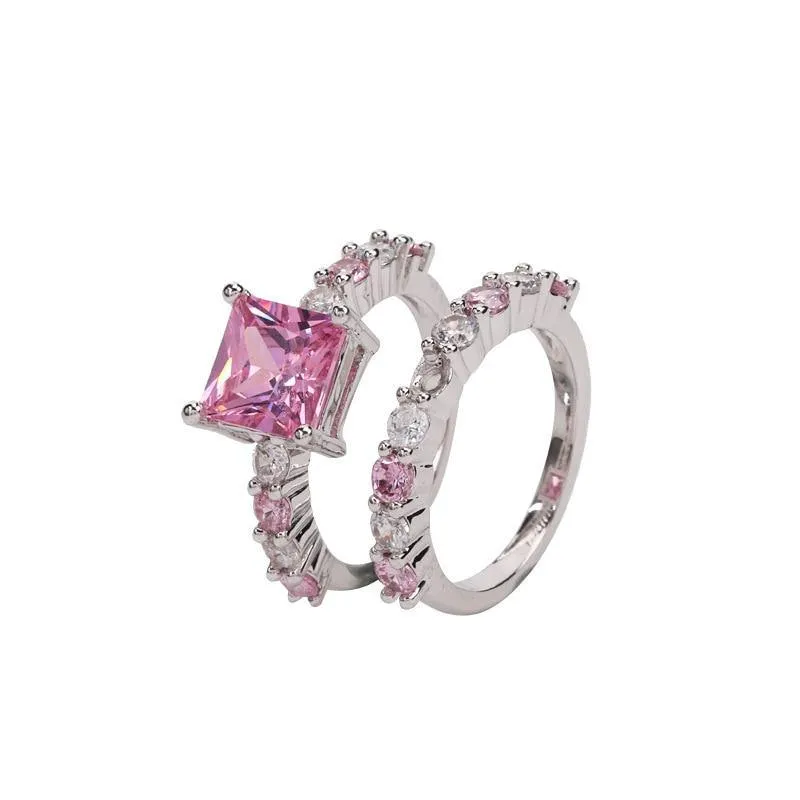 New Luxury Pink Princess Cut Silver Ring set