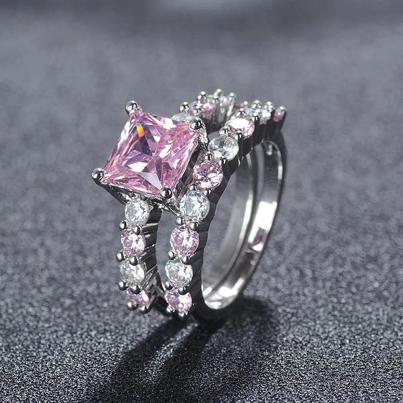 New Luxury Pink Princess Cut Silver Ring set