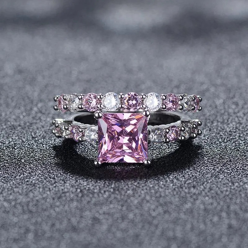 New Luxury Pink Princess Cut Silver Ring set