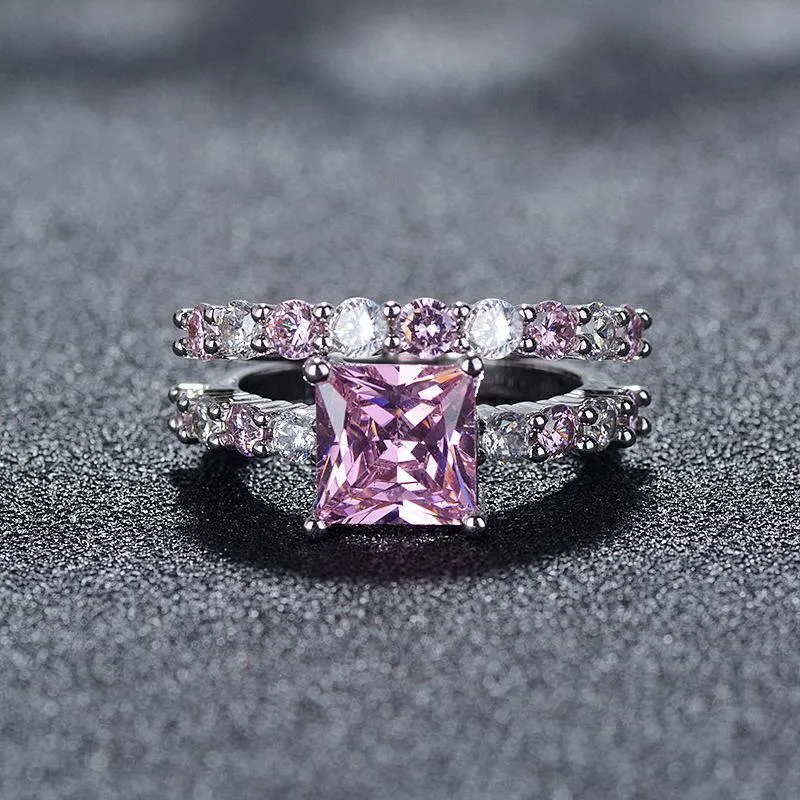 New Luxury Pink Princess Cut Silver Ring set