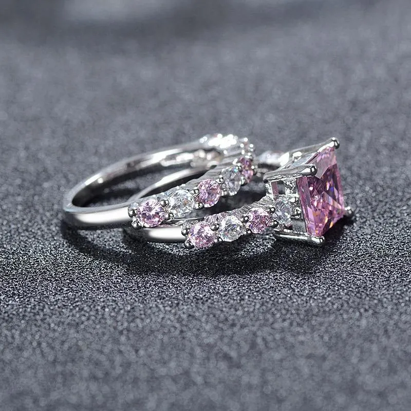 New Luxury Pink Princess Cut Silver Ring set
