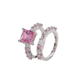 New Luxury Pink Princess Cut Silver Ring set