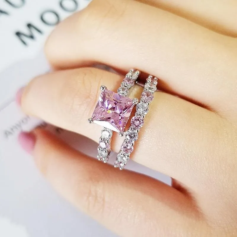New Luxury Pink Princess Cut Silver Ring set