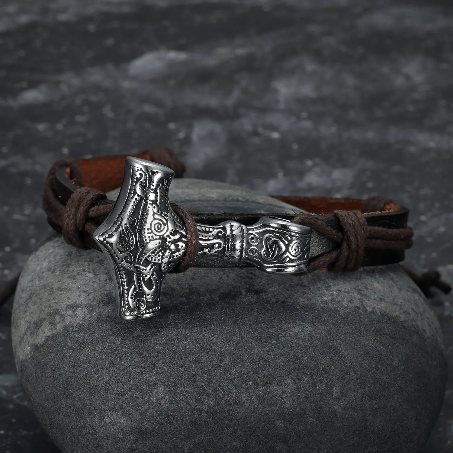 Nordic Pride Adjustable Leather Wristband With Handcrafted Stainless Steel Mjolnir