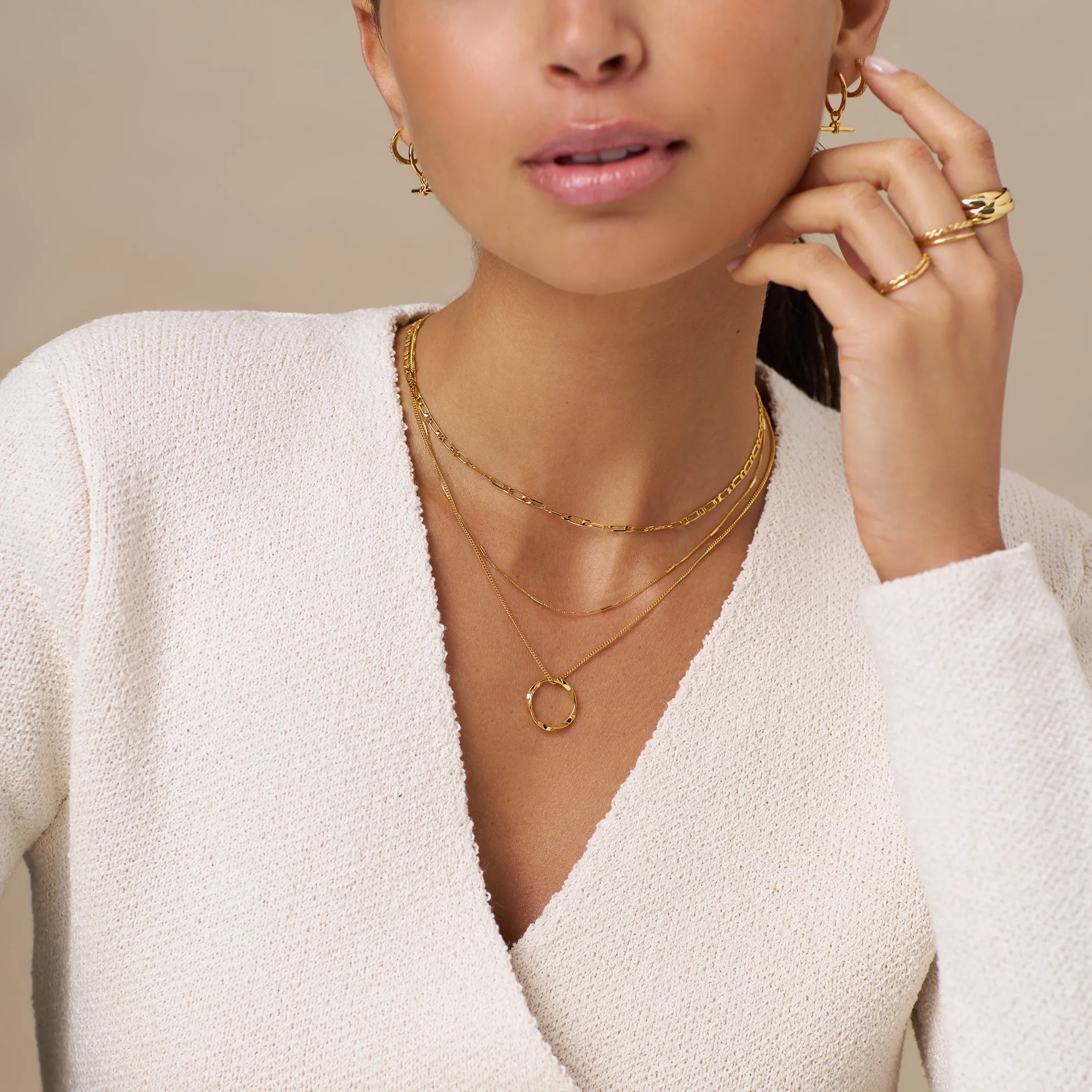 Open Circle Three Row Necklace - Gold