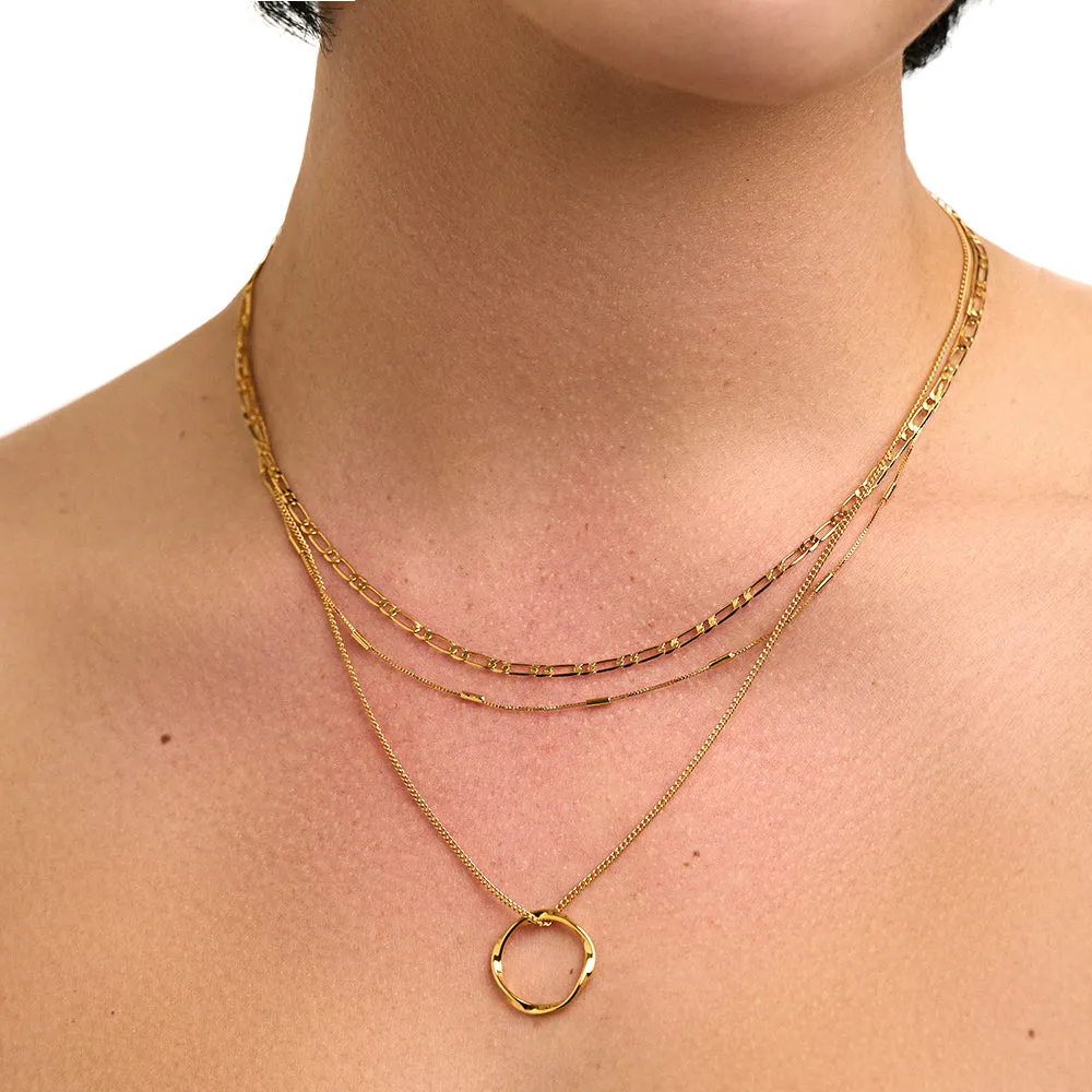 Open Circle Three Row Necklace - Gold