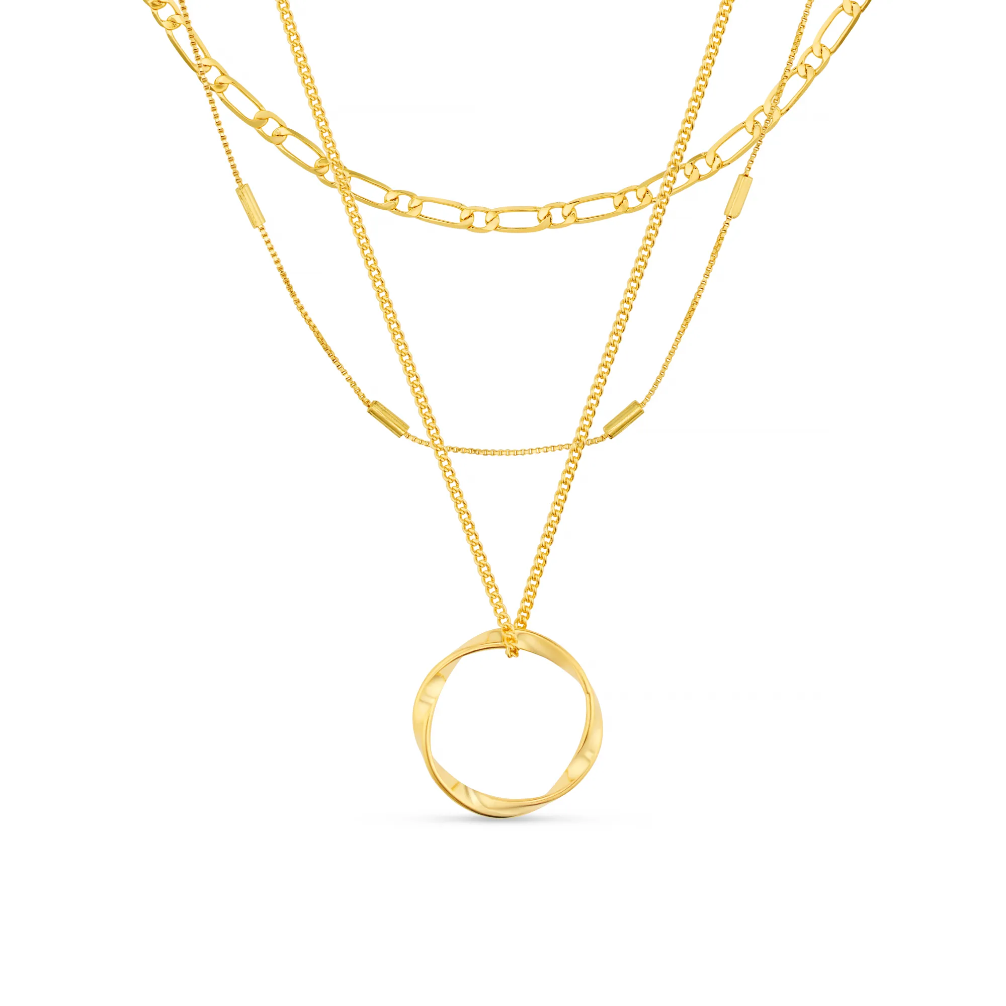 Open Circle Three Row Necklace - Gold