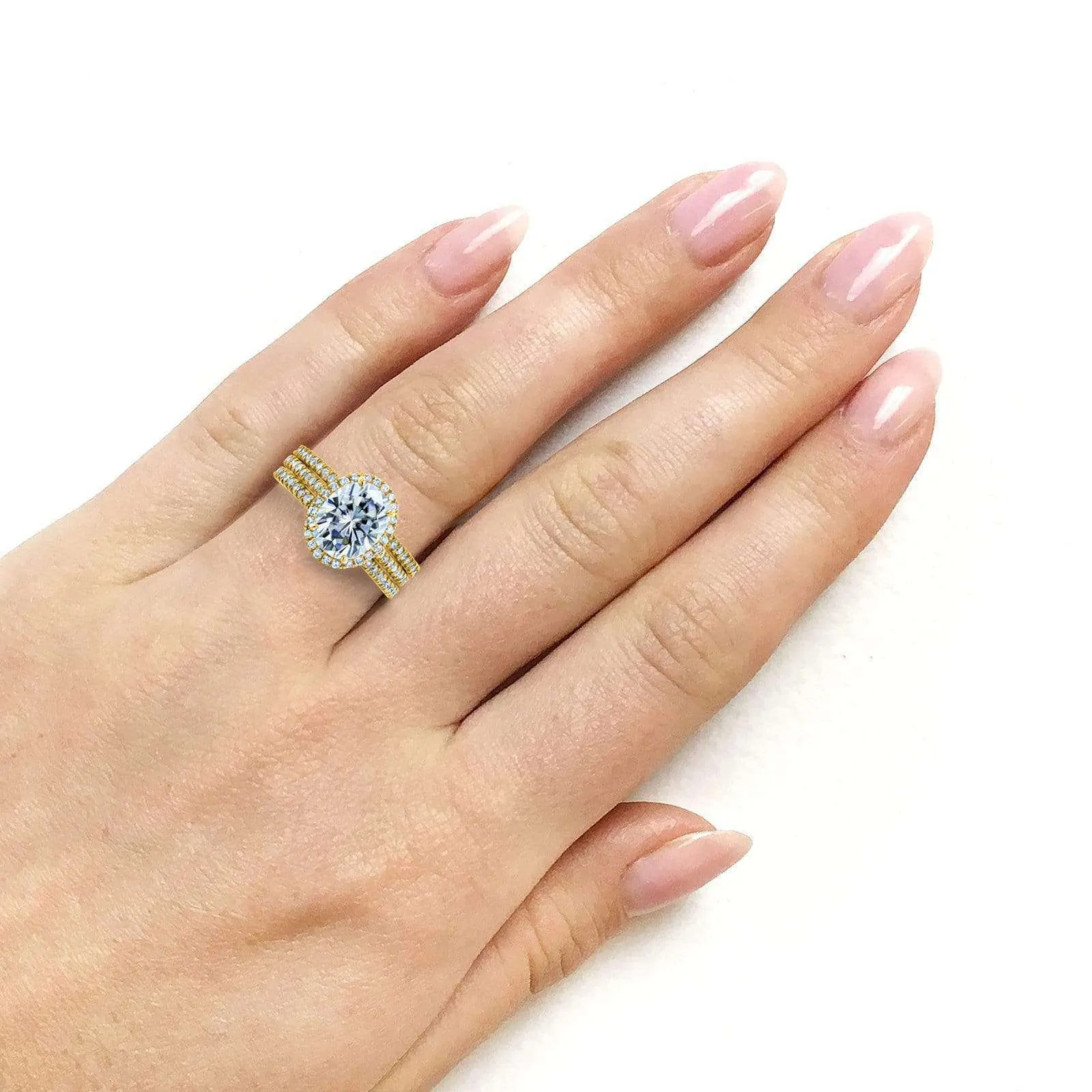 Oval Moissanite and Diamond Halo 3-Piece Bridal Rings Set 2 1/2 CTW 14k Yellow Gold